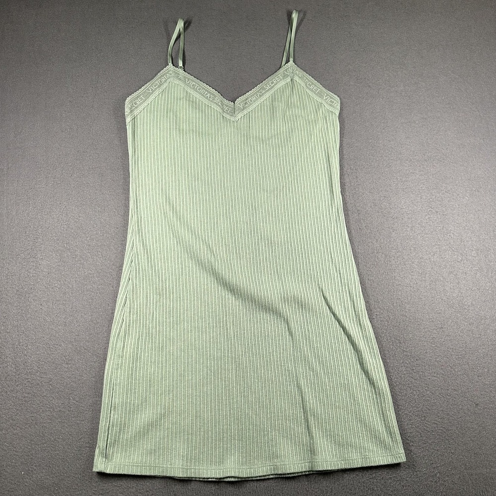 Victoria's Secret Pointelle Night Gown Womens Small Green Ribbed Knit Logo Strap